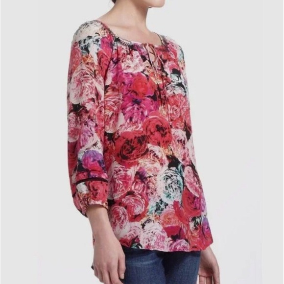 Vanessa Virginia Pink Rose Peasant‎ Blouse 100% Silk Medium Print Anthropologie - Picture 2 of 12